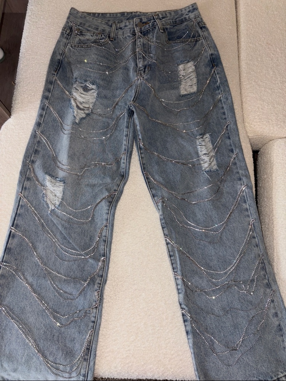 Windsor Blue Distressed Flare Jeans with Rhinestone Wave Detail